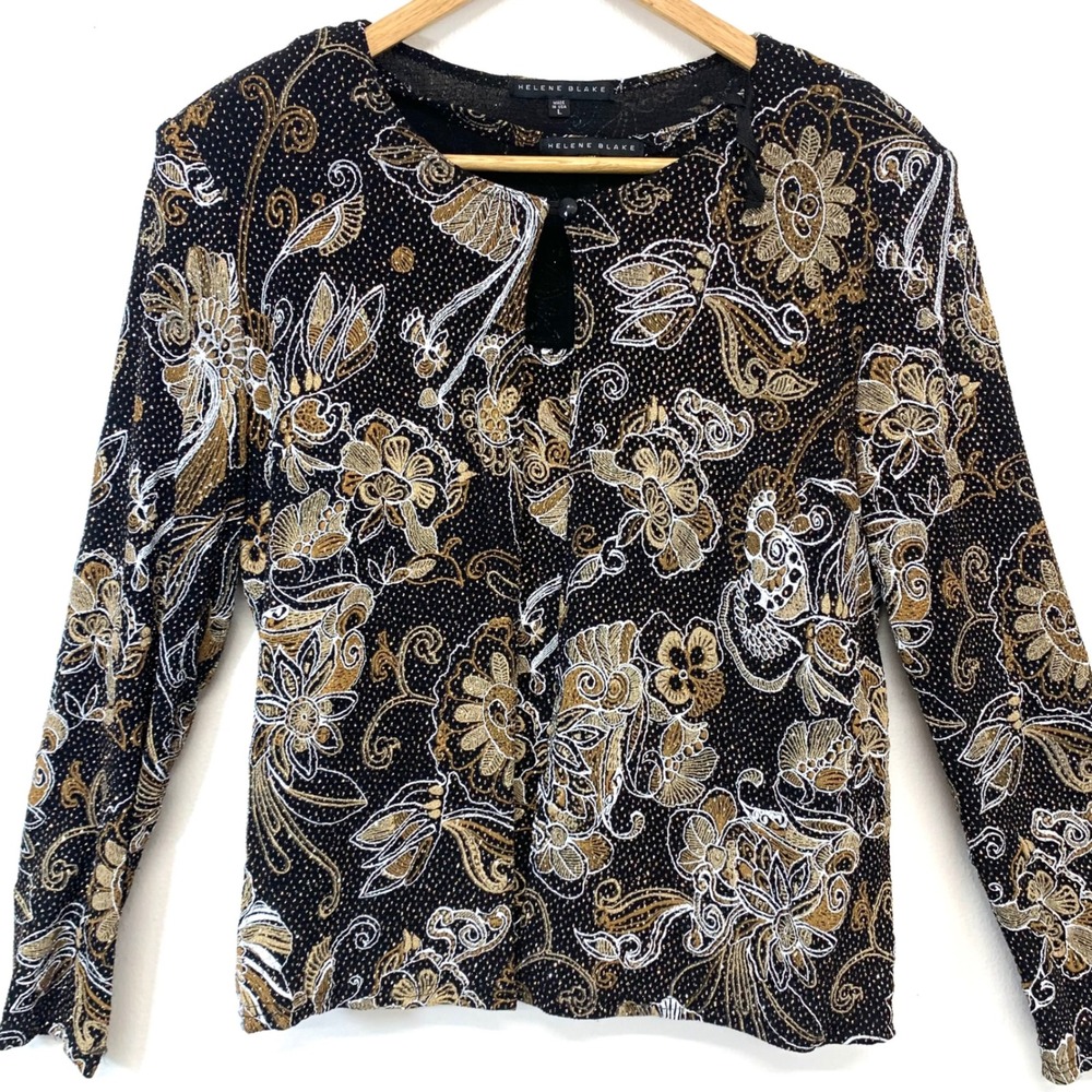 Helene Blake Vintage 90s Metallic Floral Cardigan & Tank Set Black Gold Large